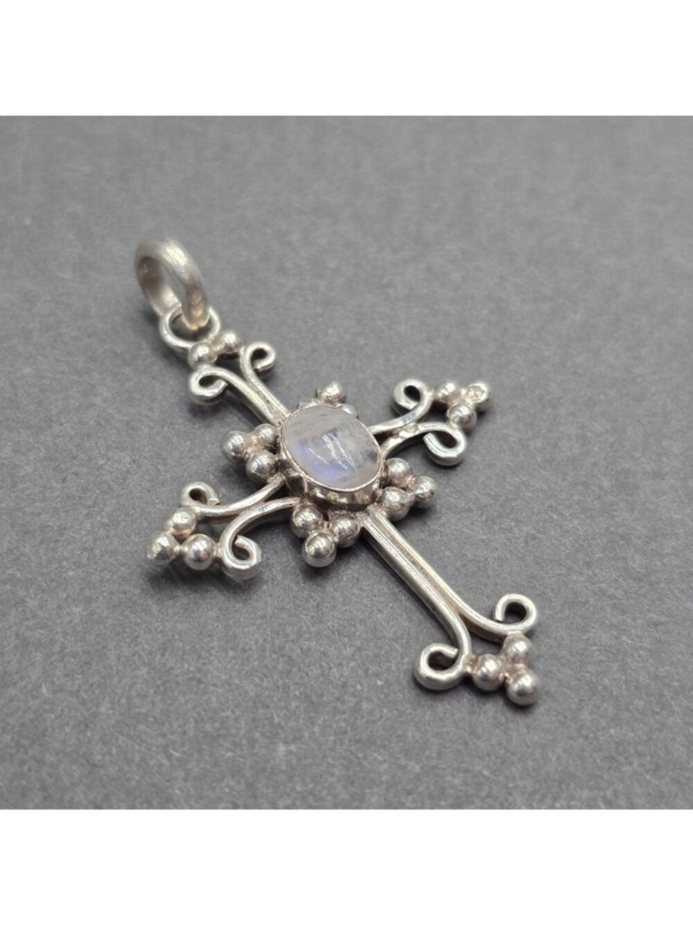 Vintage Sterling Silver Rainbow Moonstone Filigree Cross Gothic Pendant 1.75" - Picture 11 of 11